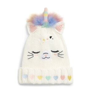 Under One Sky Girl White Faux Fur Knit Heart Cat Unicorn Beanie Hat Size S